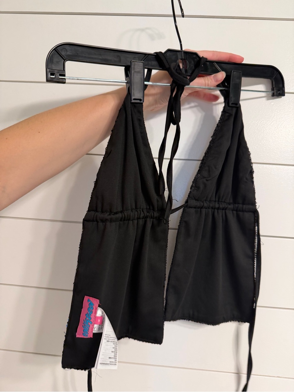 Edikted Black Sequin Halter Crop Top with Pink Logo Patch - Picture 2 of 5